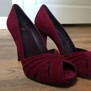 Stuart Weitzman Suede Peep-Toe Pumps, Wine Color